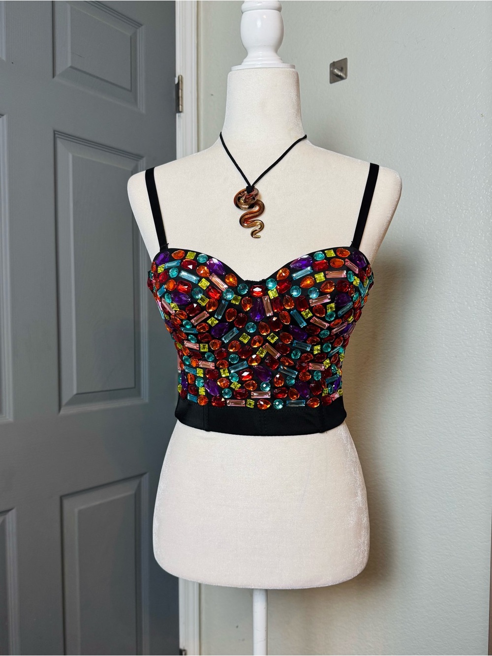 Multi-Color Rhinestone Bustier Crop Top Party Festival Rave Corset Size Medium